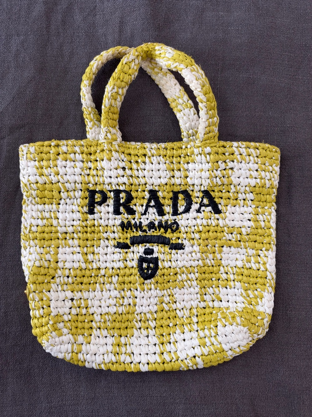 PRADA Authentic! Small Checked Raffia Logo Tote